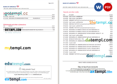 editable template, USA Bank of America bank statement Word and PDF template (10 pages), version 5