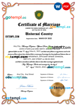 editable template, # gloss universal marriage certificate Word and PDF template, fully editable