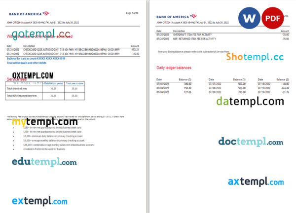 editable template, USA Bank of America bank statement Word and PDF template (10 pages), version 5