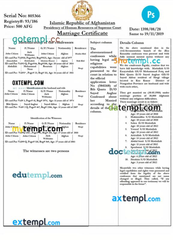 editable template, AFGHANISTAN marriage certificate PSD template, with fonts