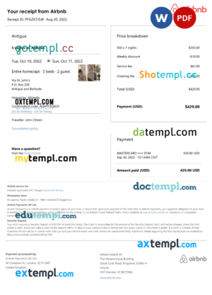 Antigua and Barbuda Airbnb booking confirmation Word and PDF template