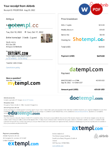 editable template, Antigua and Barbuda Airbnb booking confirmation Word and PDF template