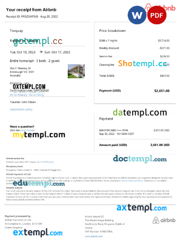 editable template, Australia Airbnb booking confirmation Word and PDF template