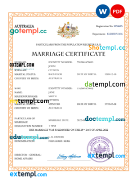 editable template, Australia marriage certificate Word and PDF template, completely editable
