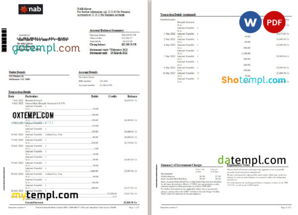 editable template, Australia NAB bank statement Word and PDF template, 2 pages
