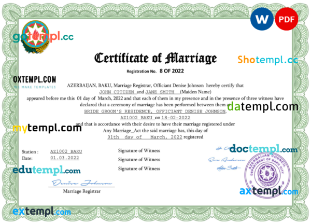 editable template, Azerbaijan marriage certificate Word and PDF template, fully editable
