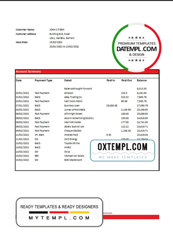 editable template, Bahrain Eskan bank statement Excel and PDF template
