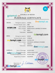 editable template, Benin marriage certificate PSD template, completely editable