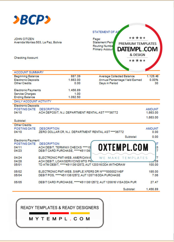 editable template, Bolivia Banco de Crédito de Bolivia bank statement template in Word and PDF format
