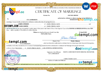 editable template, Bosnia & Herzegovina marriage certificate Word and PDF template, fully editable