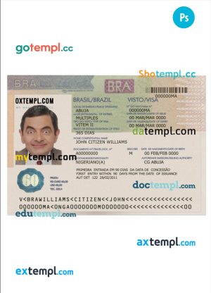 editable template, Brazil Visa PSD template, with fonts