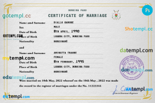 editable template, Burkina Faso marriage certificate PSD template, fully editable