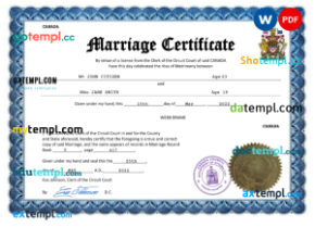 editable template, Canada marriage certificate Word and PDF template, fully editable