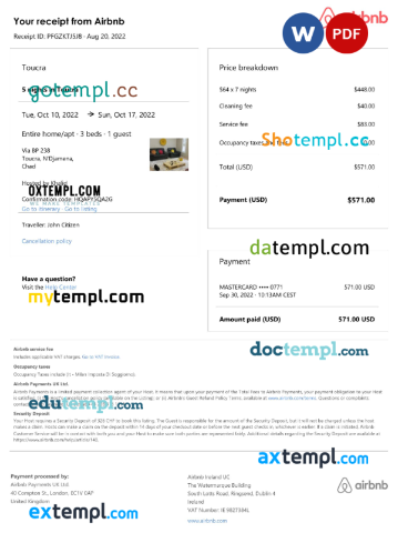 editable template, Chad Airbnb booking confirmation Word and PDF template