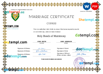 editable template, Cyprus marriage certificate Word and PDF template, completely editable