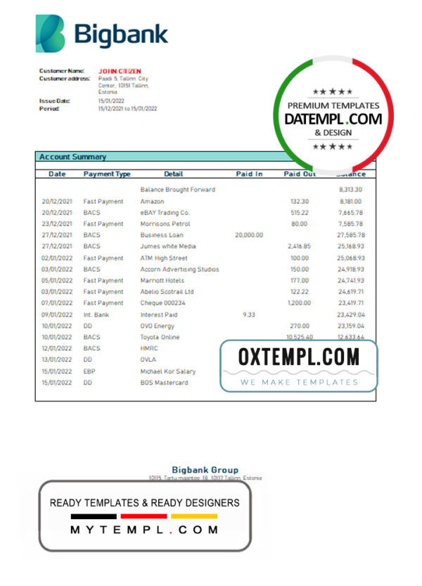 editable template, Estonia Bigbank proof of address bank statement template in Word and PDF format,(.doc and .pdf)