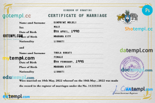 editable template, Eswatini marriage certificate PSD template, completely editable