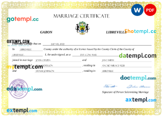 editable template, Gabon marriage certificate Word and PDF template, fully editable