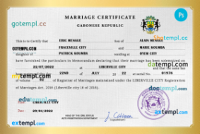 editable template, Gabon marriage certificate PSD template, fully editable