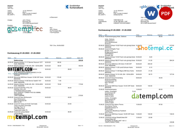 editable template, Germany Graubundner Kantonalbank bank statement, Word and PDF template, 4 pages