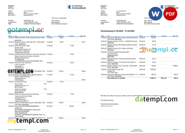 editable template, Germany Graubundner Kantonalbank bank statement, Word and PDF template, 4 pages