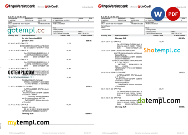 editable template, Germany HypoVereins bank statement, Word and PDF template, 3 pages