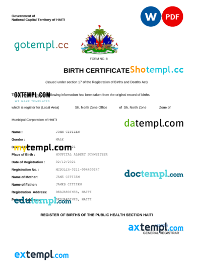 editable template, Haiti vital record birth certificate Word and PDF template, completely editable