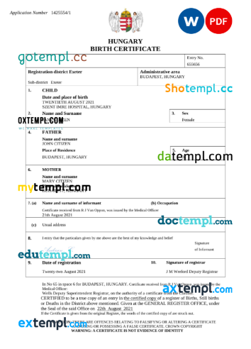 editable template, Hungary vital record birth certificate Word and PDF template, completely editable