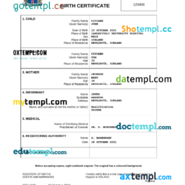 editable template, Iceland birth certificate Word and PDF template, completely editable