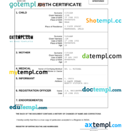 editable template, India vital record birth certificate Word and PDF template, completely editable