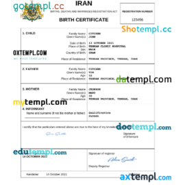 editable template, Iran vital record birth certificate Word and PDF template, completely editable