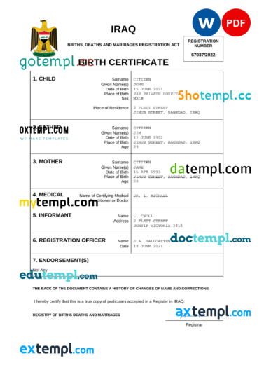 editable template, Iraq birth certificate Word and PDF template, completely editable