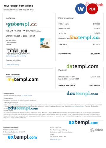 editable template, Ireland Airbnb booking confirmation Word and PDF template