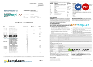 Ireland Bank of Ireland bank statement, Word and PDF template, 2 pages