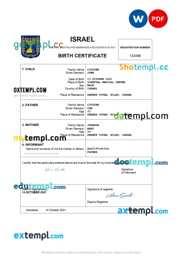 editable template, Israel vital record birth certificate Word and PDF template, completely editable