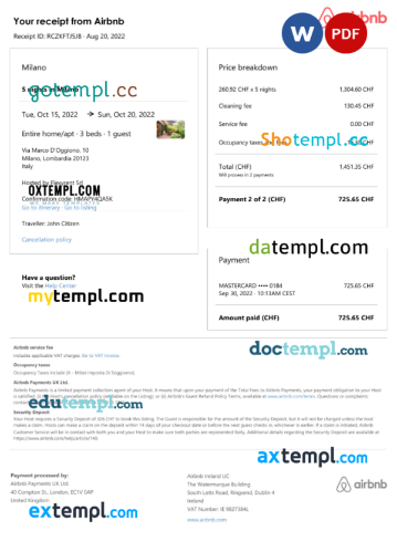 editable template, Italy Airbnb booking confirmation Word and PDF template