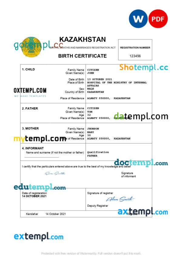 editable template, Kazakhstan vital record birth certificate Word and PDF template, completely editable