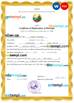 editable template, Laos marriage certificate Word and PDF template, completely editable