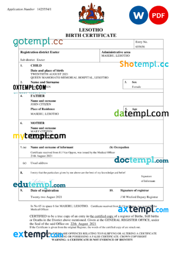 editable template, Lesotho birth certificate Word and PDF template, completely editable
