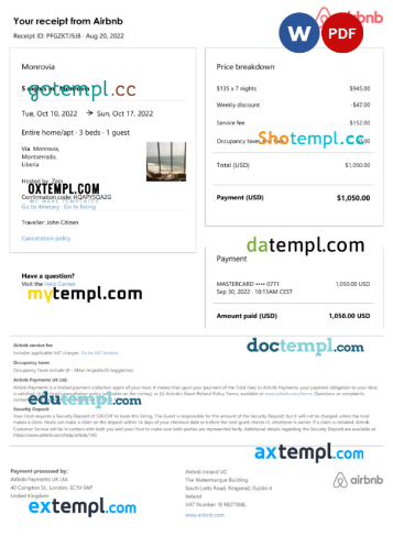 editable template, Liberia Airbnb booking confirmation Word and PDF template