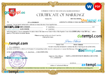 editable template, Lithuania marriage certificate Word and PDF template, fully editable