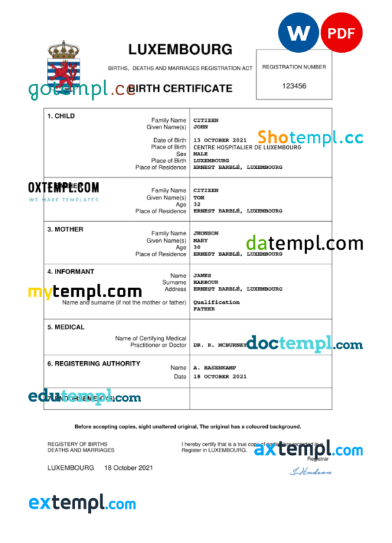 editable template, Luxembourg birth certificate Word and PDF template, completely editable
