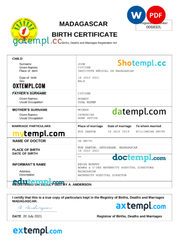 editable template, Madagascar vital record birth certificate Word and PDF template, completely editable