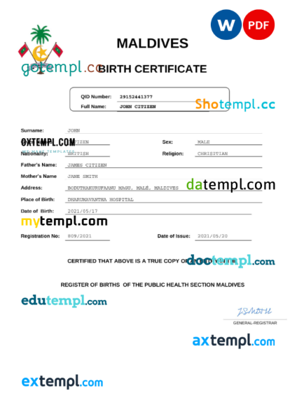 editable template, Maldives birth certificate Word and PDF template, completely editable
