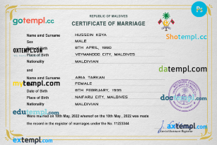 editable template, Maldives marriage certificate PSD template, fully editable