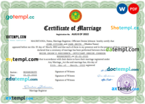 editable template, Mauritania marriage certificate Word and PDF template, completely editable