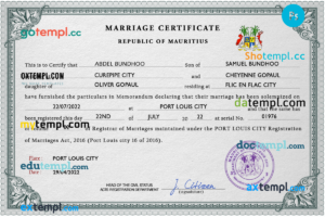 Mauritius marriage certificate PSD template, completely editable