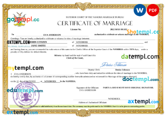 editable template, Namibia marriage certificate Word and PDF template, fully editable