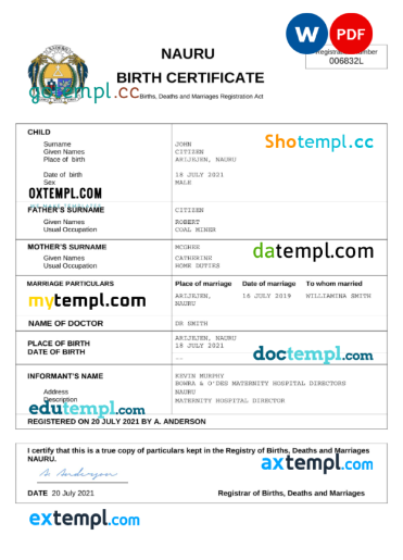 editable template, Nauru vital record birth certificate Word and PDF template, completely editable