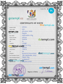 editable template, New Zealand birth certificate PSD template, completely editable
